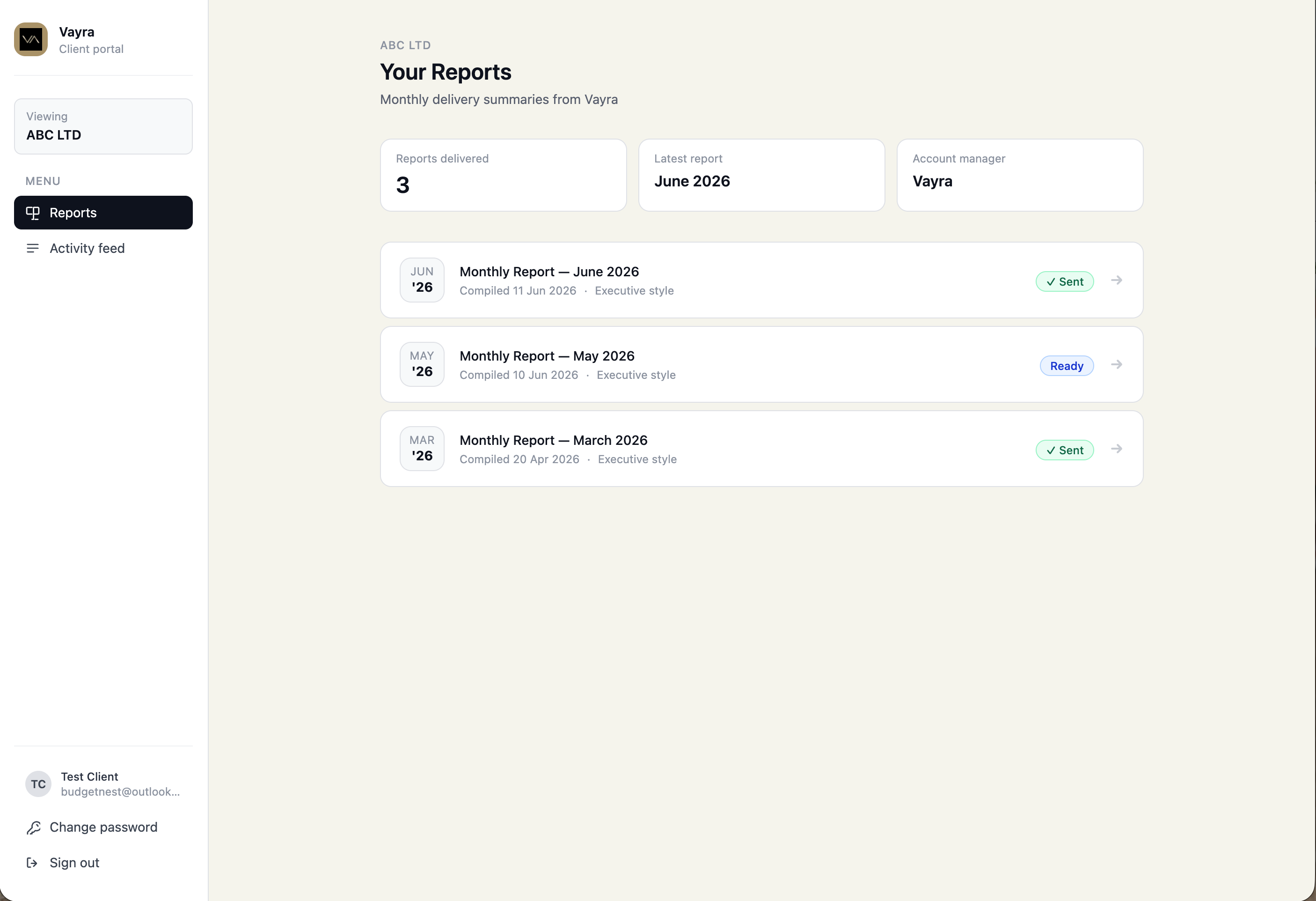 Vayra client portal — reports list view for agency clients